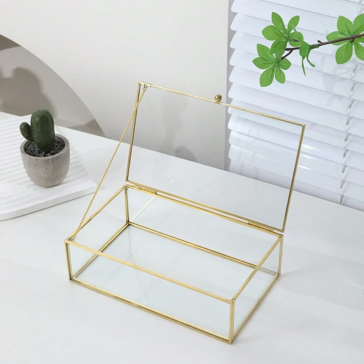 Gold Rectangular Jewelry Storage Box with Lid, Dustproof Glass Jewelry Storage Box