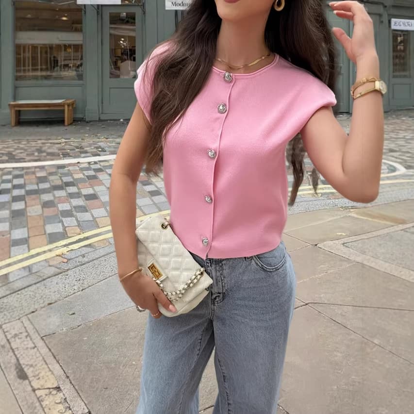 Cross-border Slim Fit Short Sleeve Cropped Sweater 2026 Spring Autumn New Women's Heart-shaped Button Round Neck Knit Top