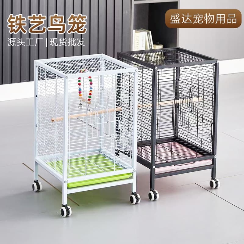 Small Parrot Cage Luxury Villa Style with Wheels, Movable Myna Cage for Home Use, Splash-Proof Iron Bird Cage