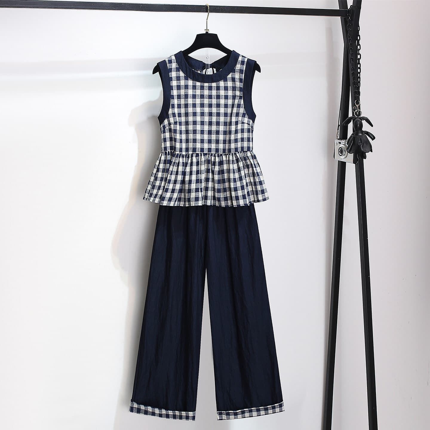 Korean College Style Plaid Sleeveless Vest Shirt Tencel Denim Wide-Leg Pants Two-Piece Set for Women 2026 Summer New Arrival