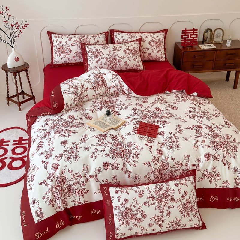 Simple modern wedding four-piece set, red printed duvet cover, pure cotton wedding bedding, wedding dowry