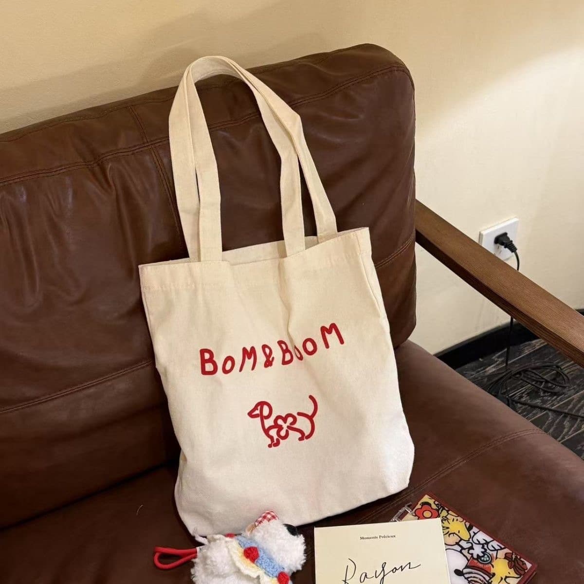 New Bom&Boom Korean-style versatile letter print canvas shoulder bag with puppy pattern shopping tote