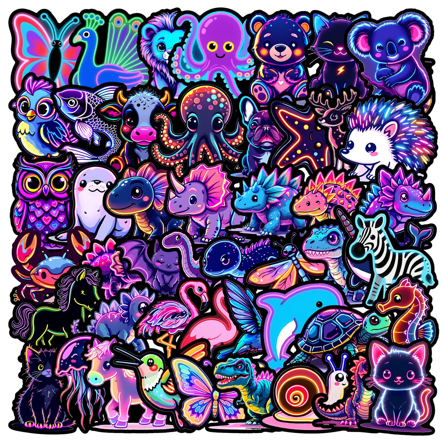 Cross-border 50 Neon Animal Graffiti Stickers, Waterproof Decals for Phone and Cup, Creative Neon Stickers