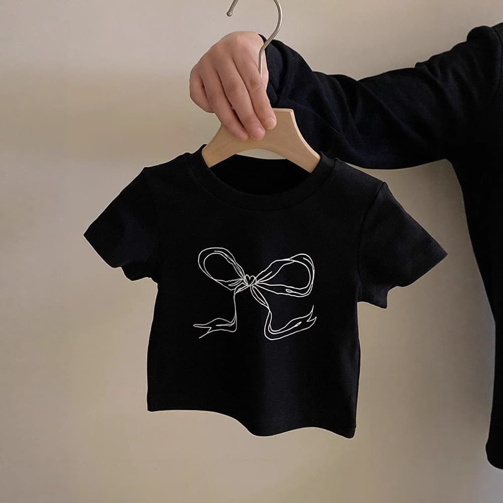 Girls Summer Short-Sleeve T-Shirt, Stylish Kids Fashion Korean Bow Print Crop Top