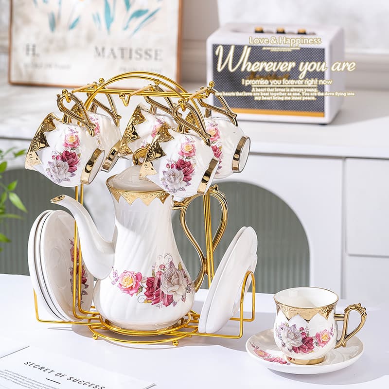 New Chinese Style Floral Ceramic Tea Set with Gold Coffee Cup, Afternoon Tea Dessert Plate, Teapot Gift Box