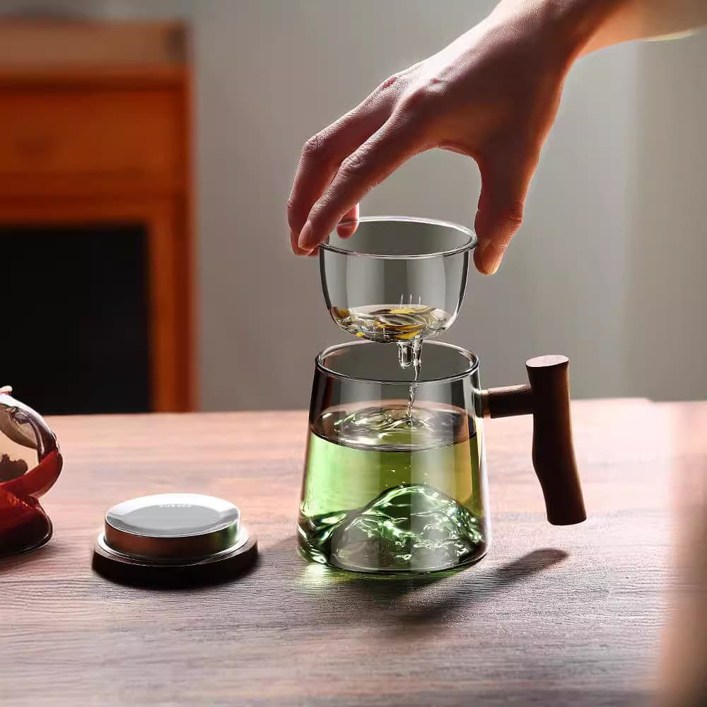 Glass teapot, high borosilicate glass, wooden handle, mountain cup, tea water separation, glass tea making cup with lid, filtered water cup, hot style