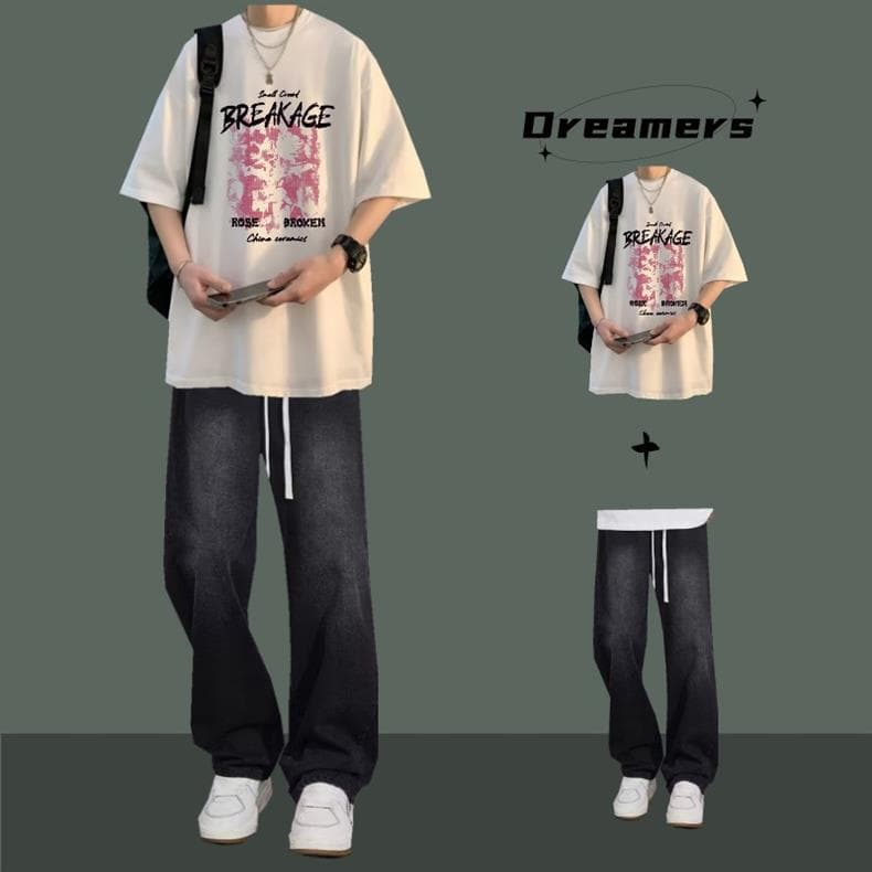 Short Sleeve T-Shirt Men's Summer Set Ins Trendy Brand Cotton Tee with Stylish Jeans Handsome Outfit for Men