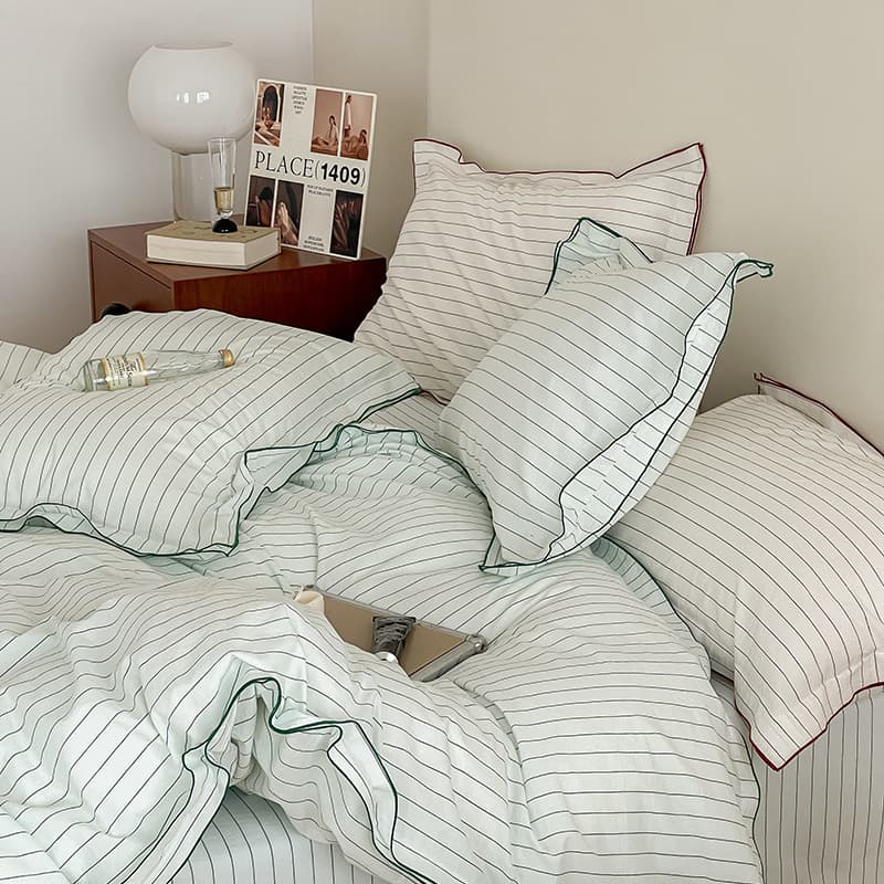 Summer in Tahiti/Nordi style Scandinavian striped close-edged washed cotton bed sheet set of four