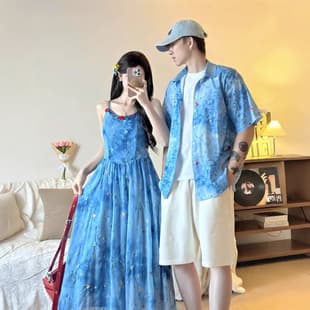 Bali Travel Couple Outfit Summer New Beach Seaside Design Floral Print Sleeveless Camisole Women's Dress Shirt