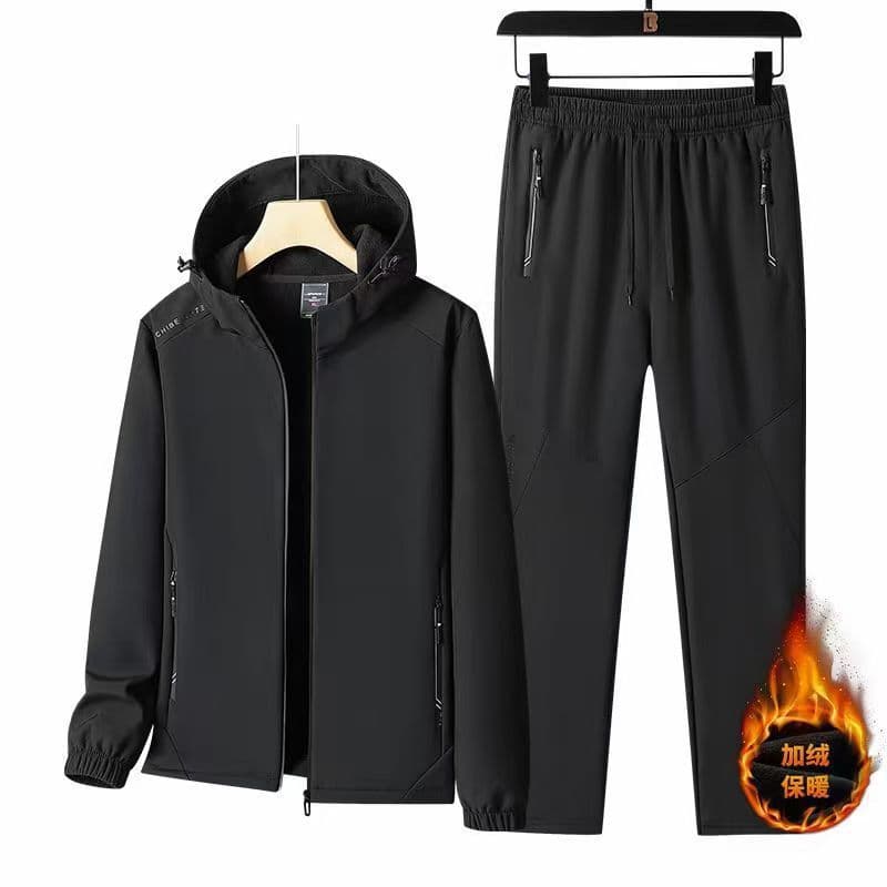 New Softshell Jacket Set for Men, Autumn/Winter Fleece-Lined Thick Warm Outerwear, Loose-Fit American Style Slimming Pants