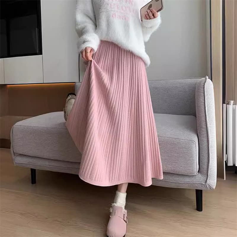 2026 Autumn and Winter New Knitted Skirt Women's Mid-Length High Waist Light Mature A-Line Skirt Wool Pleated Long Skirt
