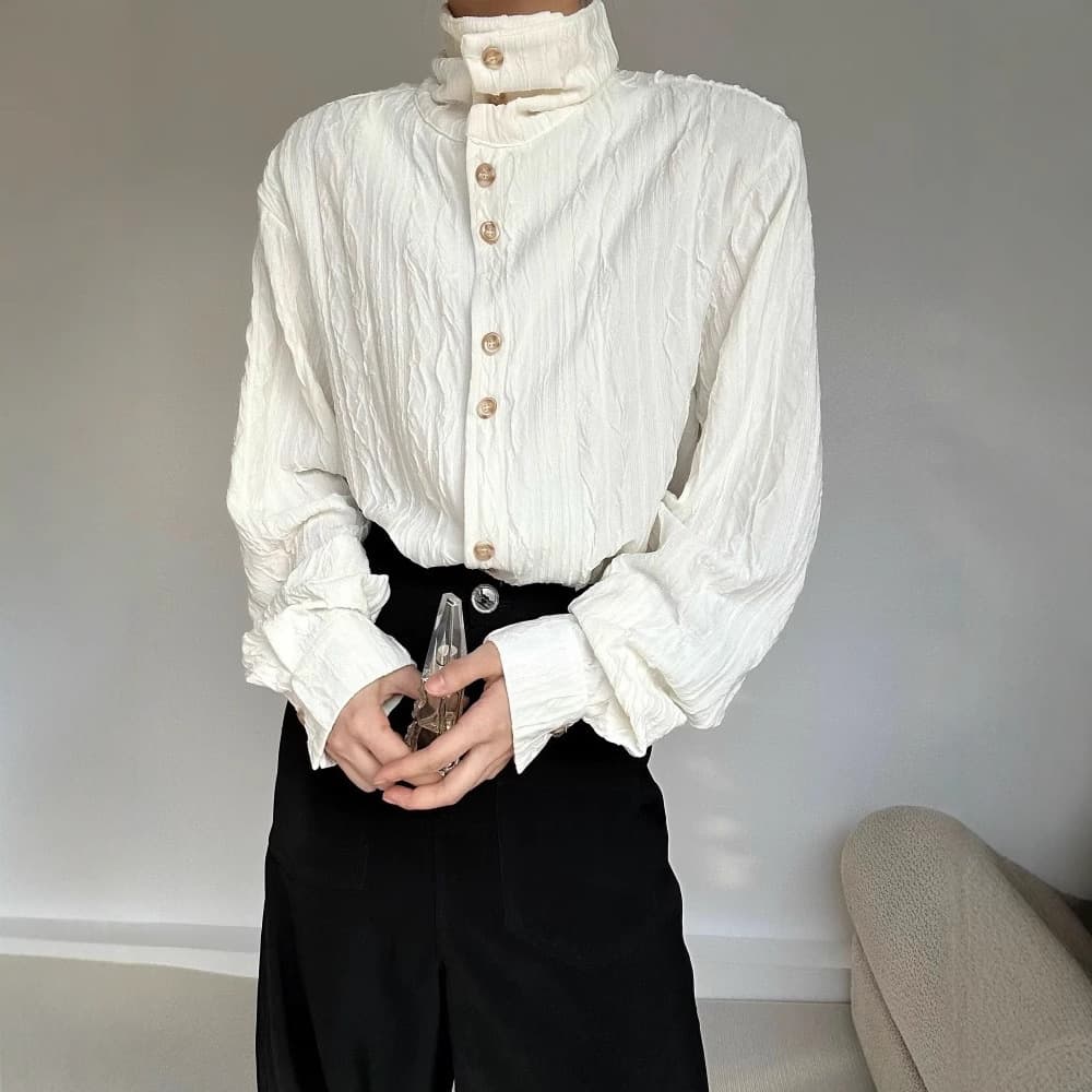 Premium Japanese-Style Long-Sleeve Shirt for Men and Women, New Spring/Autumn Wrinkle Texture Stand Collar Gender-Neutral Base Layer Shirt