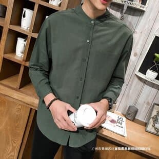 Spring Summer Autumn Thin Stand Collar Long Sleeve Shirt Men Korean Loose Trendy Student Long Sleeve Green Shirt Trendy Men