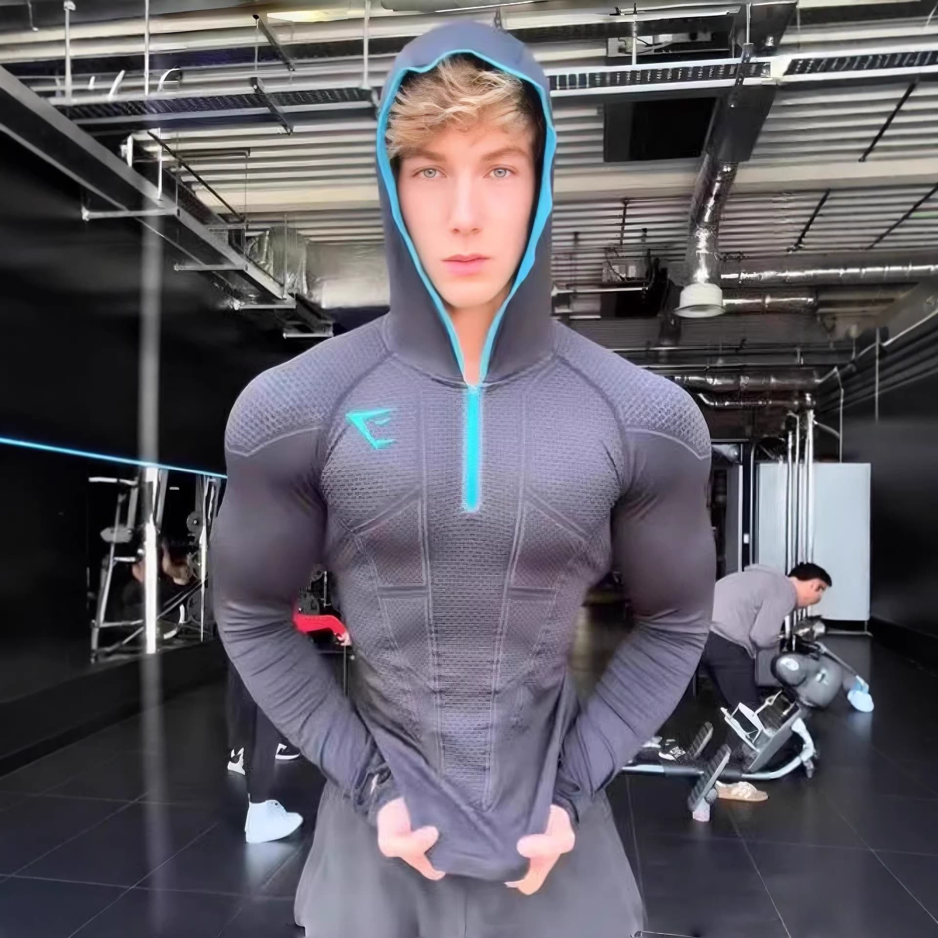 GYM Fitness Long Sleeve Men's Autumn/Winter Classic Superhero Quick-Dry Stretch Hooded Half-Zip T-Shirt Top