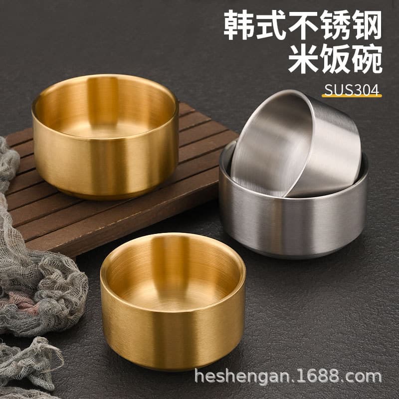 Korean 304 stainless steel bowl rice bowl commercial double-layer anti-scald soup bowl Korean golden bowl sauce small bowl tableware