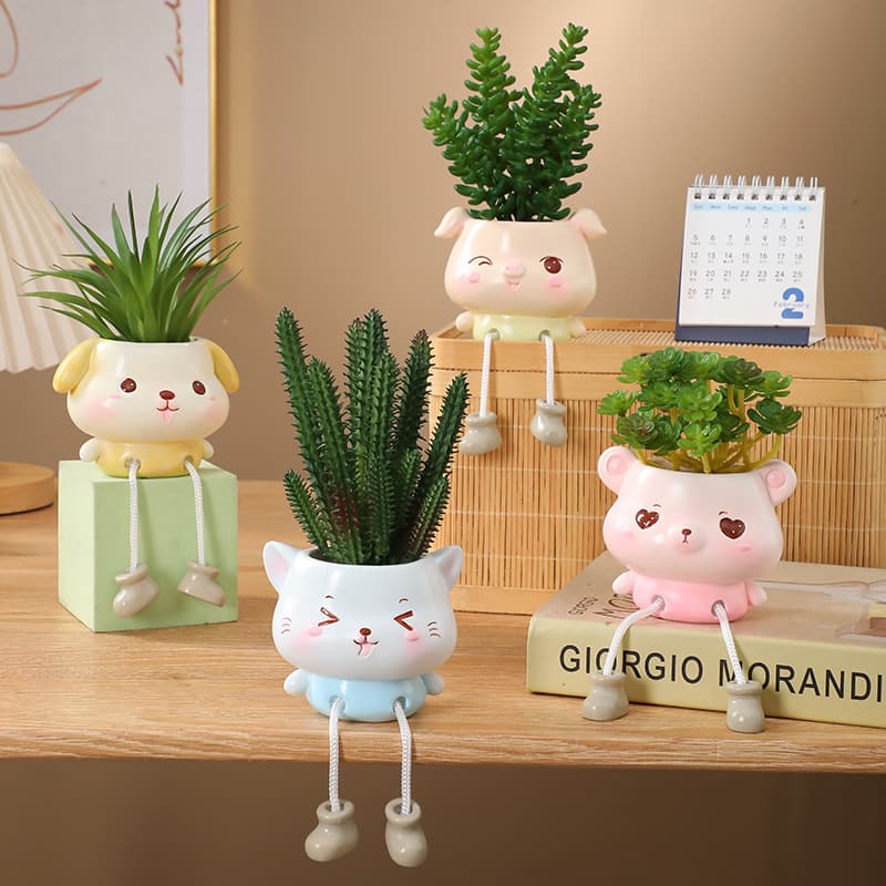 Succulent Mini Flower Pot Cute Hanging Doll Figurine Desktop Creative Home Green Plant Decor Resin Craft