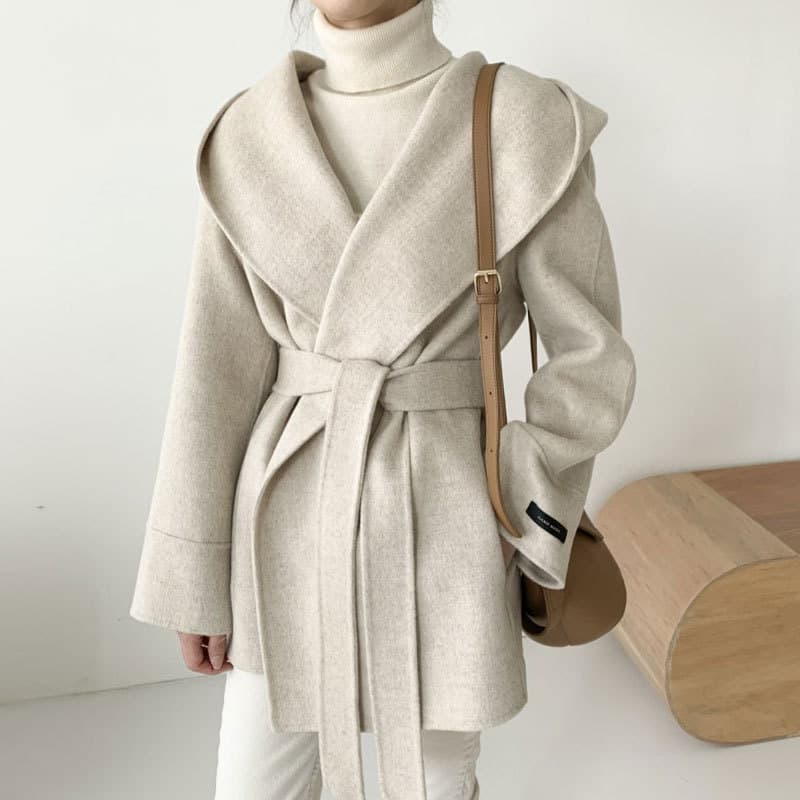 Korean Chic Autumn French-Style Elegant Hooded Pocket Design Tie-Waist Slim-Fit Solid Color Long Sleeve Wool Coat
