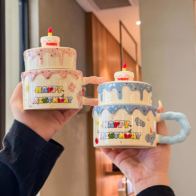 Cute Cake Cup with Lid and Spoon, Ceramic Mug, Coffee Cup, Gift for Women, Birthday Present, Souvenir