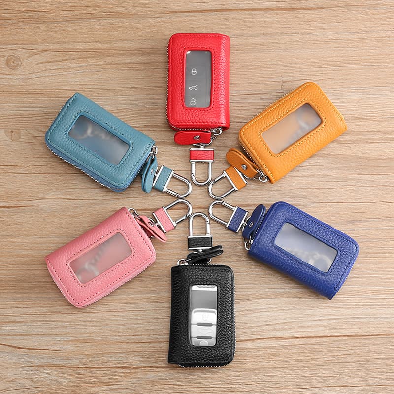 Cross-border New Product Genuine Leather Universal Car Key Case, Windowed Cowhide Car Key Case Korean/Japanese Zipper Style Multi-color