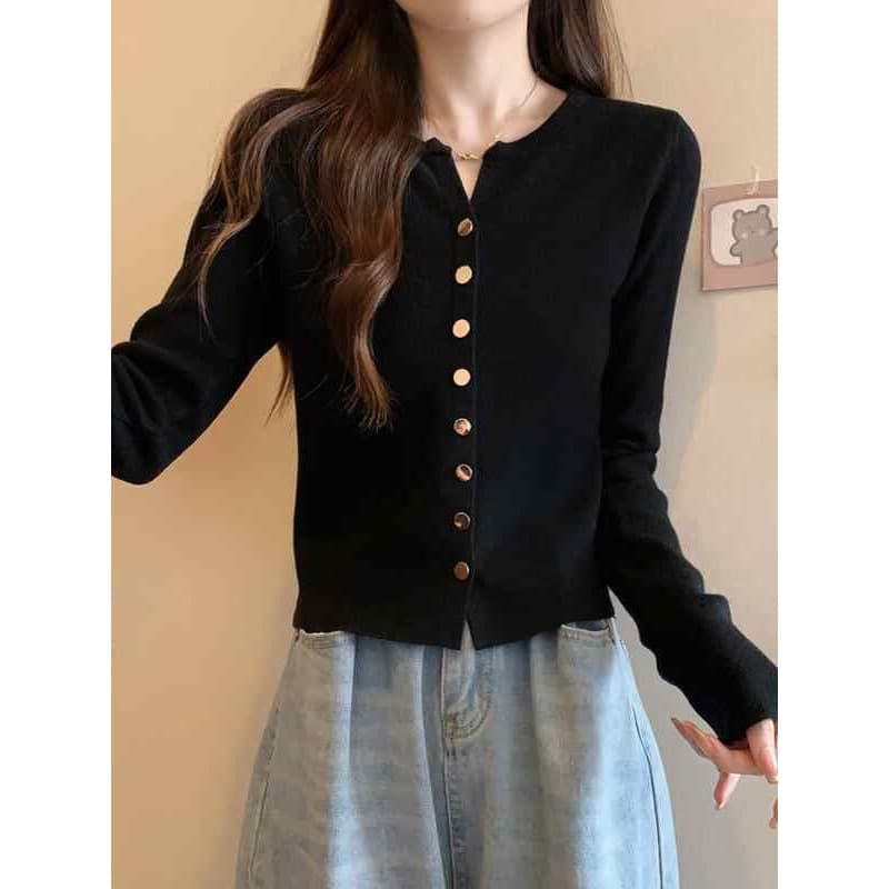 Autumn and winter thin black long-sleeved knitted cardigan top for small slim fit short outer sweater jacket for women