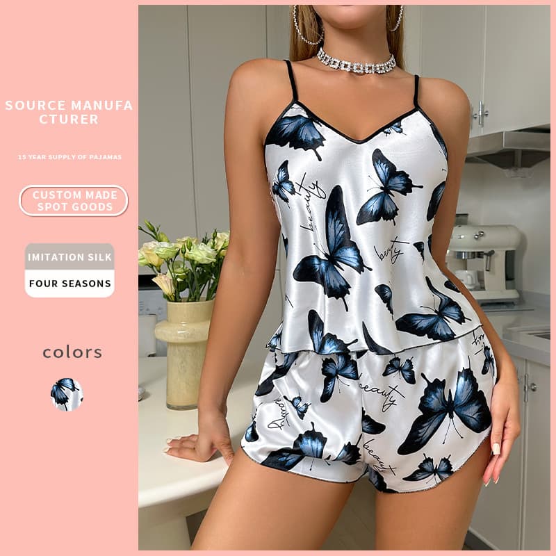 Cross-Border Hot Selling Printed Butterfly Camisole Pajamas European American Women's Loungewear Ice Silk Pajamas Camisole Shorts Set