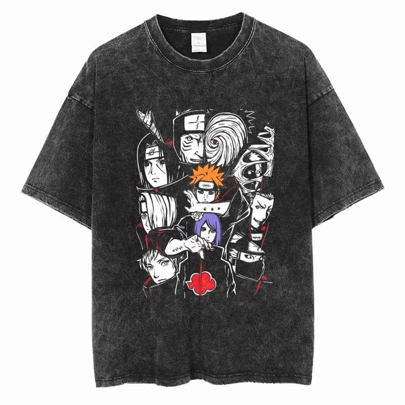 Harajuku Street Washed Vintage Japanese Naruto Anime T-Shirt for Men Summer Short Sleeve