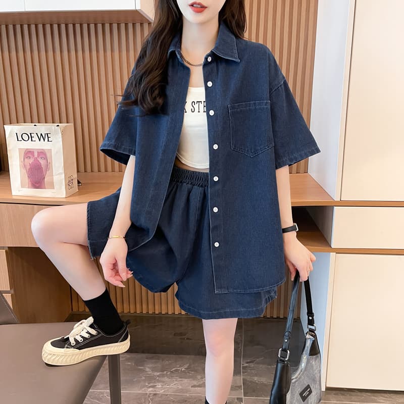 Casual Denim Short Sleeve Shirt and Shorts Set for Women Summer 2025 New Korean Style Trendy Fashion Versatile Two-Piece Set