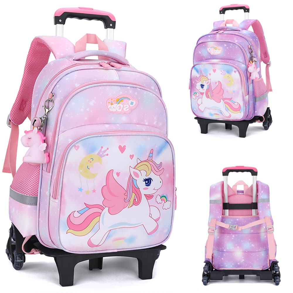 New Unicorn Colorful Student Trolley Backpack, Large Capacity Waterproof School Bag with Convenient Shoulder Straps and Weight-Reducing Design