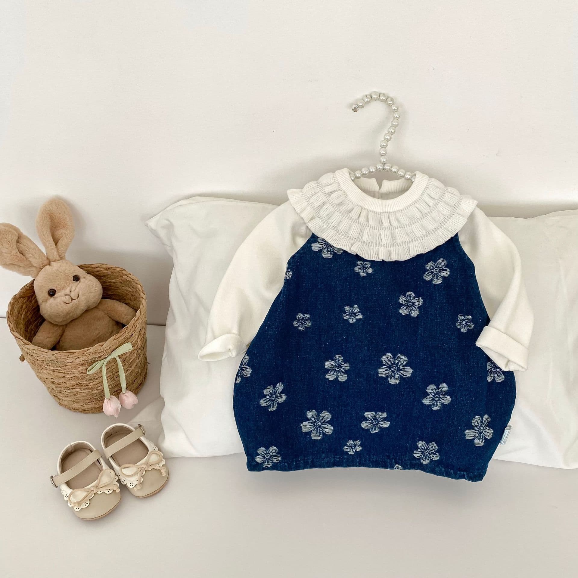 Baby and child autumn knitted texture ruffle collar long-sleeved top jacquard flower denim dress forest style girl suit