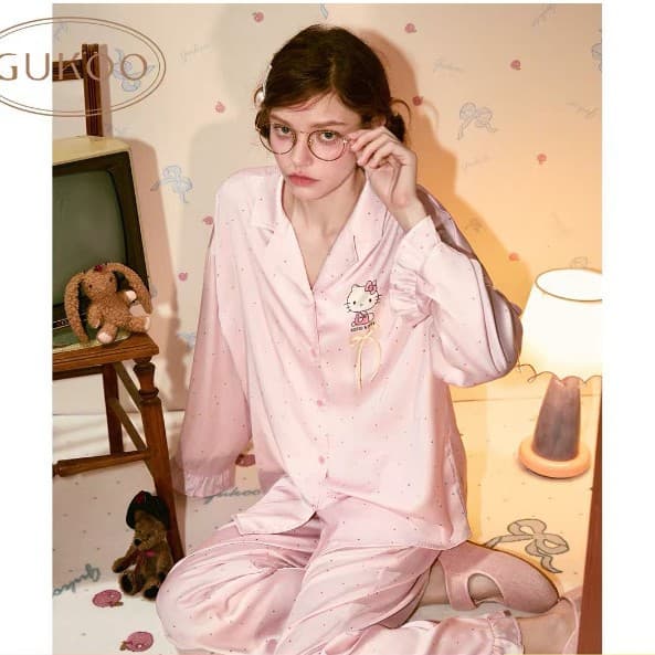 Guoke Same Style Pajamas Kitty Ice Silk Pajamas for Women 2025 New Autumn Long Sleeve Long Pants Homewear Set