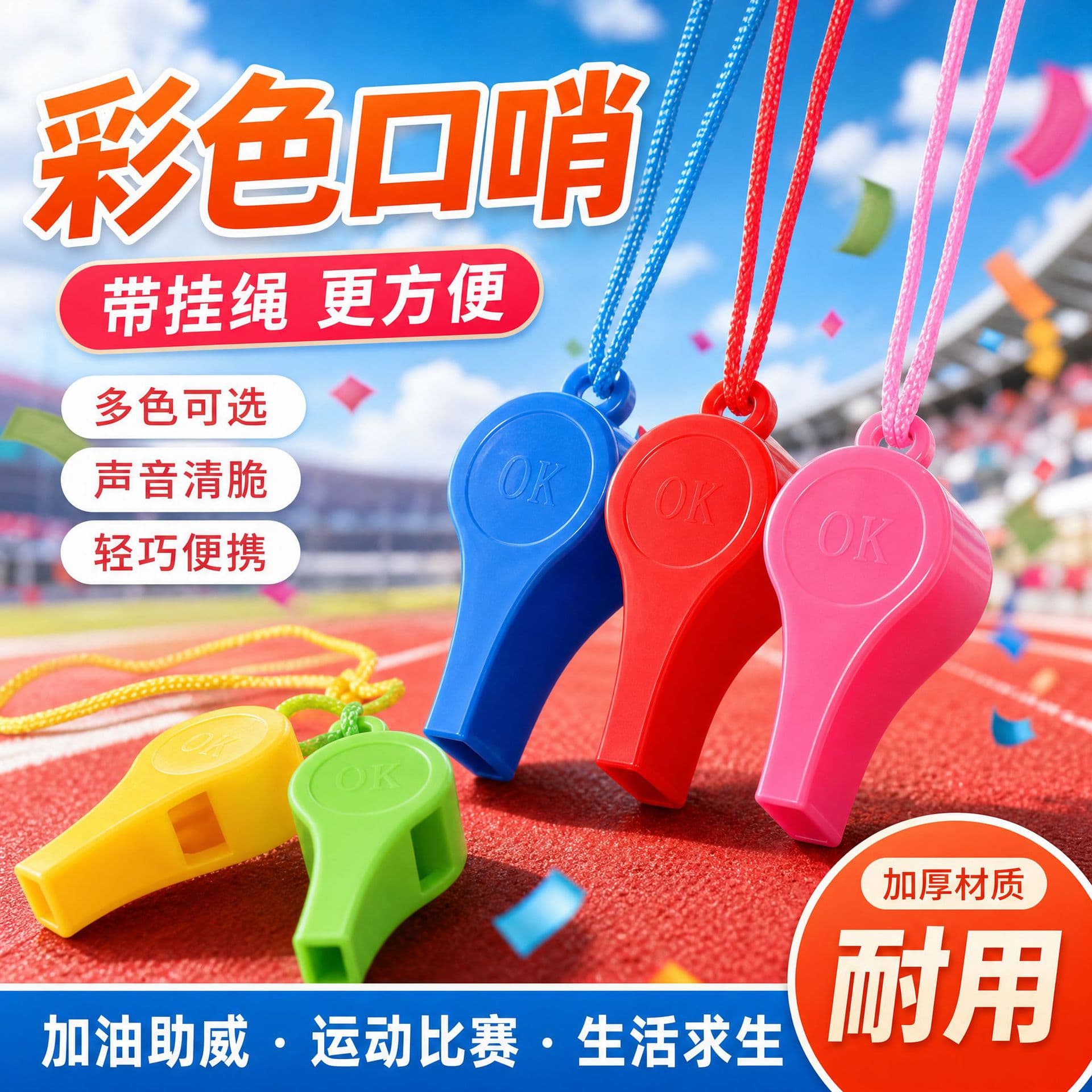 Color Thick Whistle with Lanyard Wholesale Coach Referee Game Whistle Outdoor Survival Cheering Portable Plastic Whistle