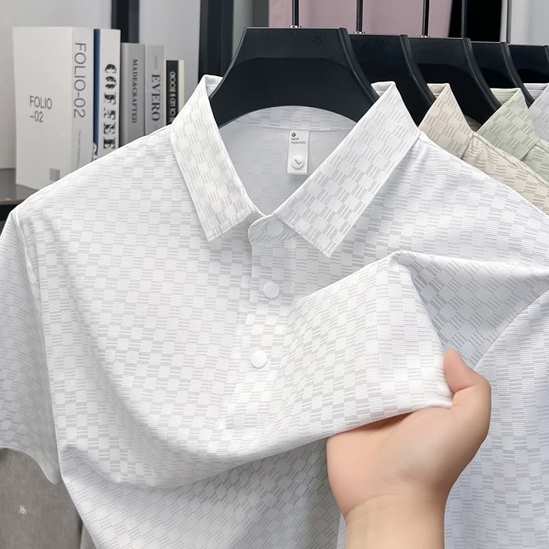 New Turn-down Collar Jacquard Short Sleeve Polo Shirt Light Luxury Casual Plaid Pattern Breathable T-shirt for Middle-aged Men
