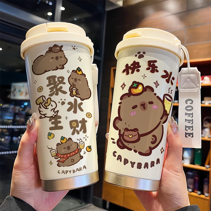 High-Quality Cartoon Lily of the Valley Coffee Cup for Women, Bear Design, Inner Ceramic Stainless Steel Insulated Cup with Dual Drinking Lids