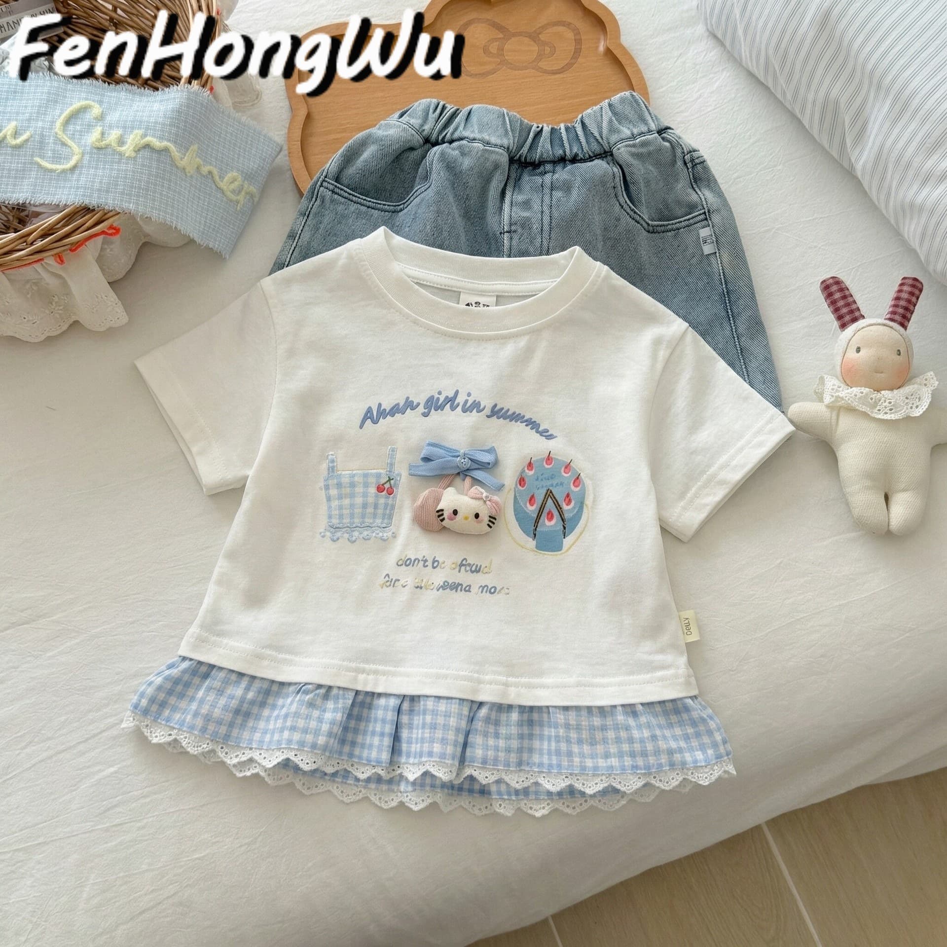[Pink House] Girls Short Sleeve Cute T-Shirt Summer New Korean Style Cute Cartoon Plaid Lace Top