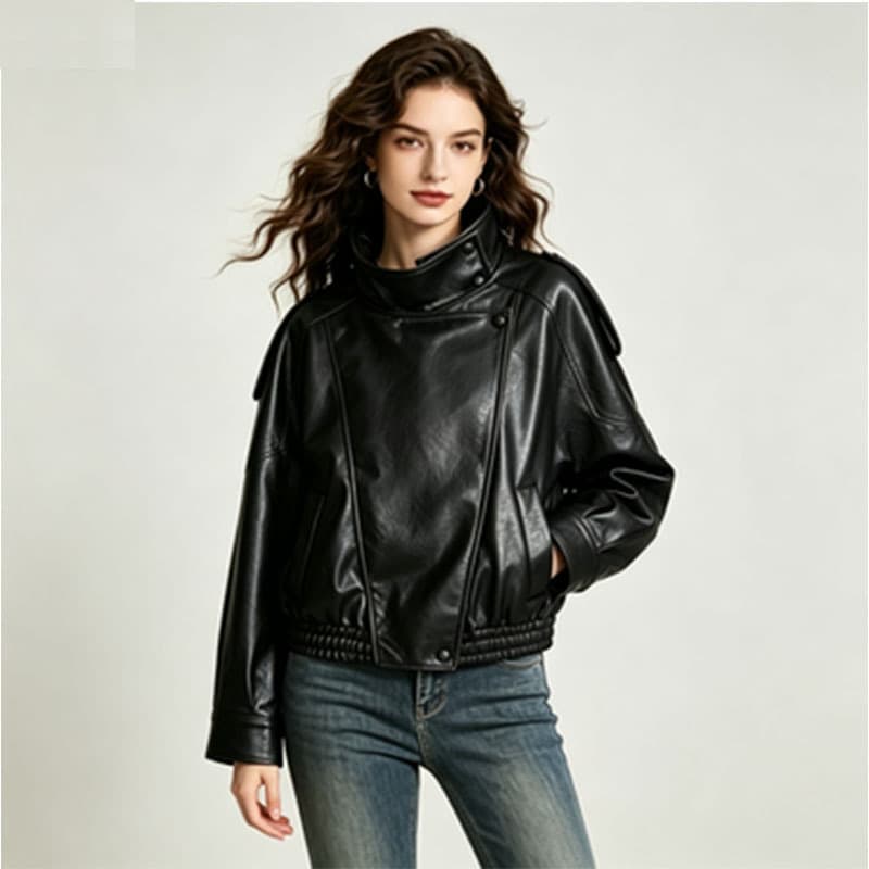 Foreign trade cross-border 2026 European and American retro machine leather jacket women's thin spring and autumn jacket motorcycle style leather jacket stand collar