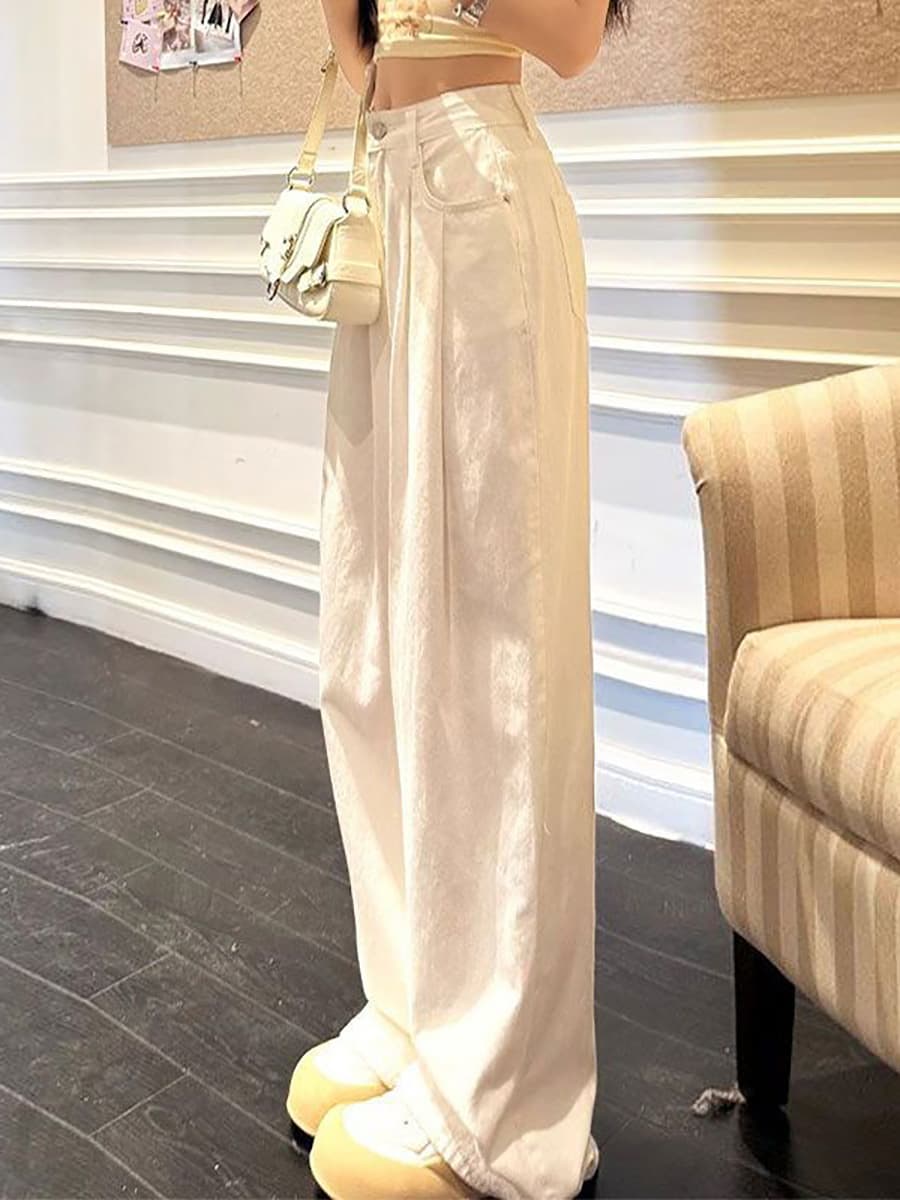 Petite 2025 Wide-Leg Jeans for Women Straight-Leg Floor-Length Pants High-Waist Loose Summer White New Arrival