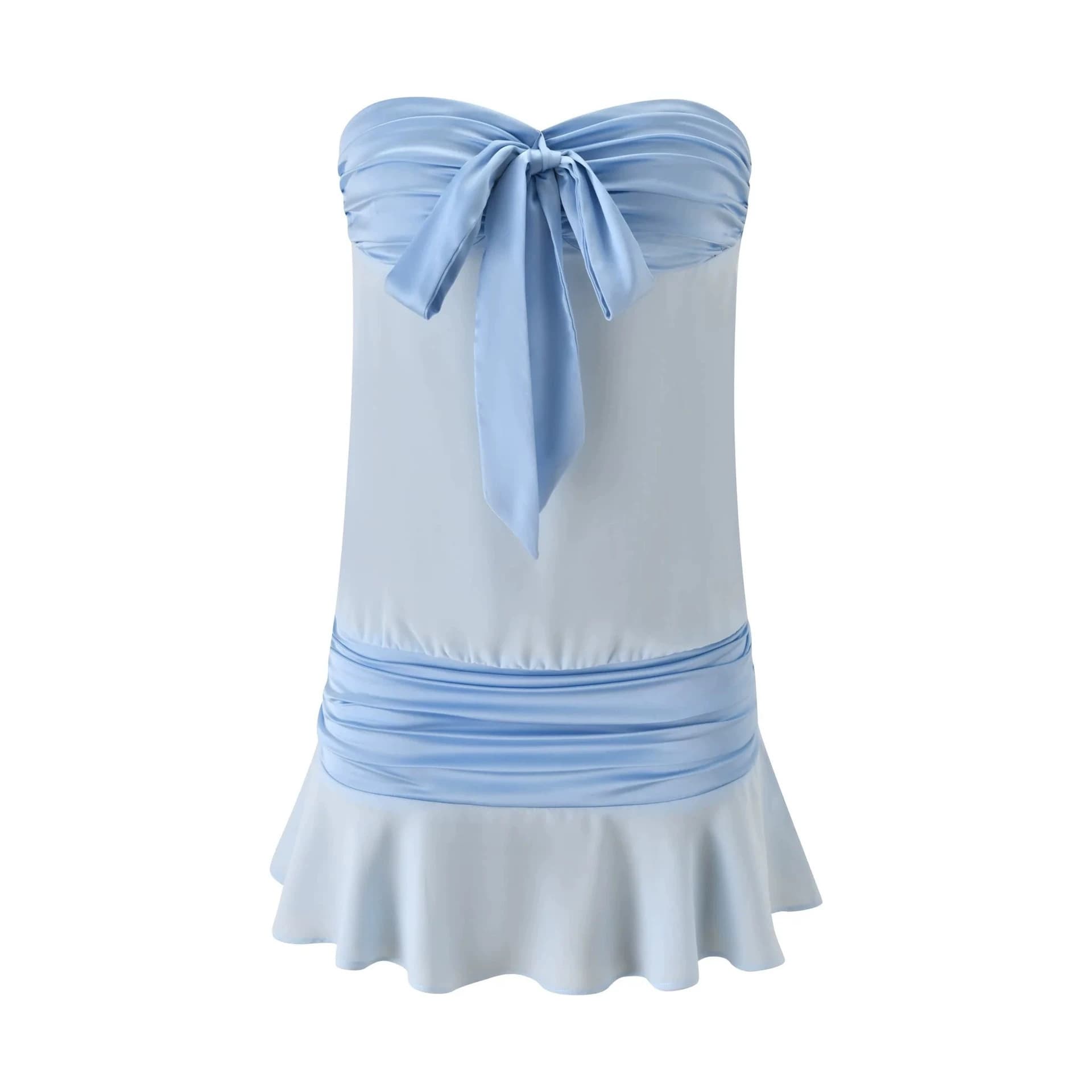 Light blue tube top dress for women with big bow on the chest, pleated waist, fishtail hem, pure desire strapless hip-hugging skirt