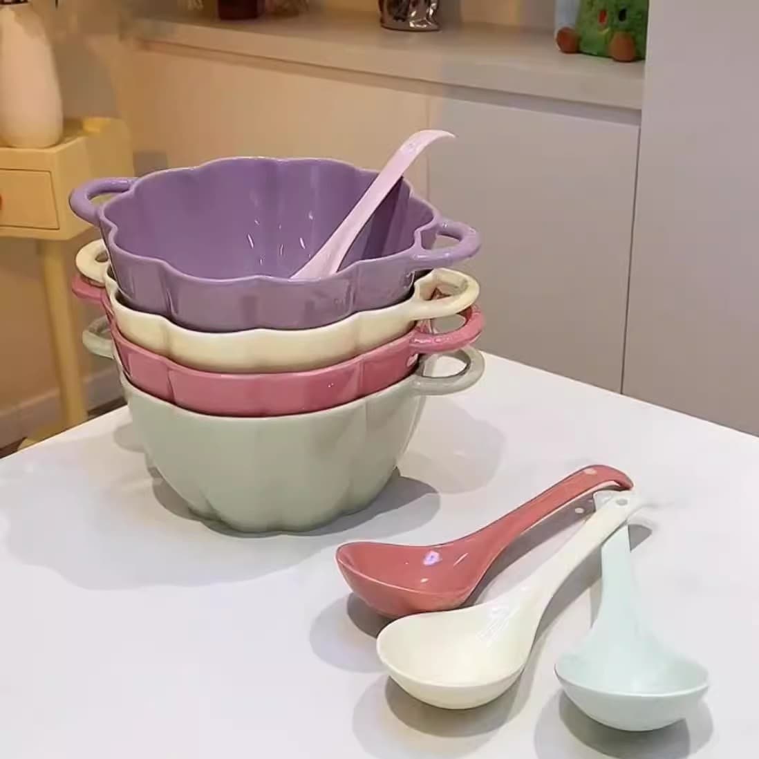 ✅Cream-style double-eared ceramic pumpkin bowl soup bowl for home high-looking instant noodle bowl fruit salad bowl special for snail noodles