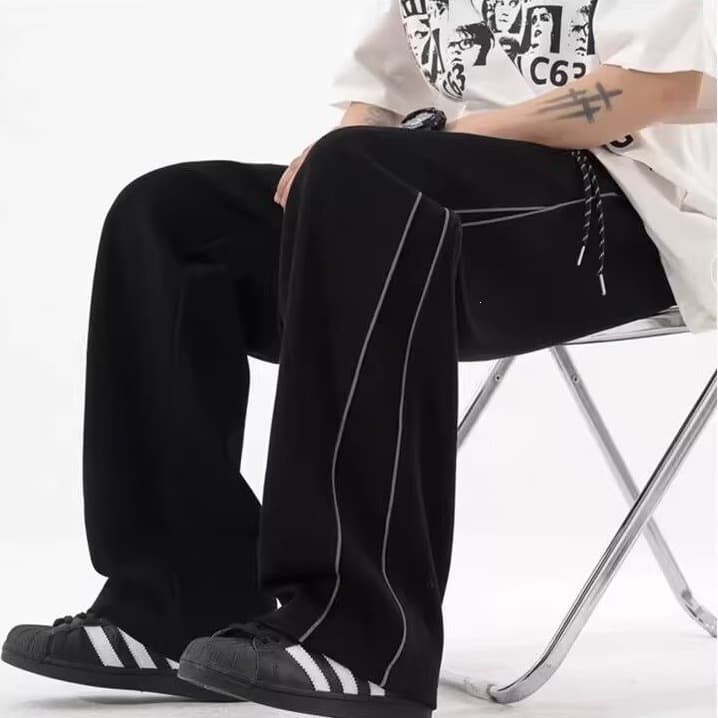 Reflective Strip Pants for Men Trendy Autumn Loose Straight Casual Pants Teenagers Fashion Wide-Leg Versatile Sports Pants