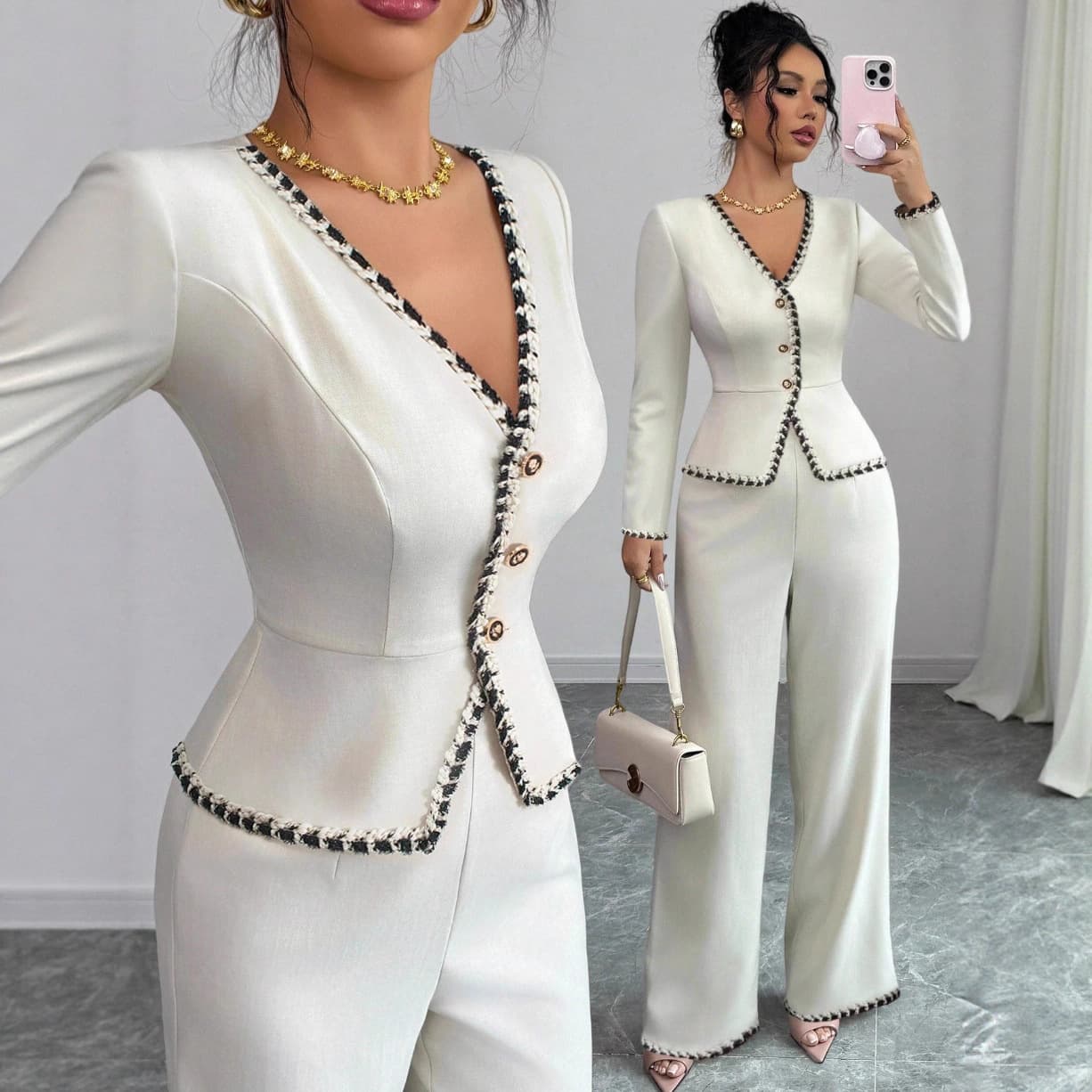 2026 European and American Cross-border Amazon Long-sleeve V-neck Top and Pants Set Two-piece Slimming and Shaping Set