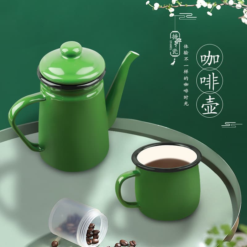 Enamel Kettle Set Thin Spout Coffee Kettle Large Belly Cup Solid Color Enameled Kettle White Inside Colorful Outside Coffee Kettle