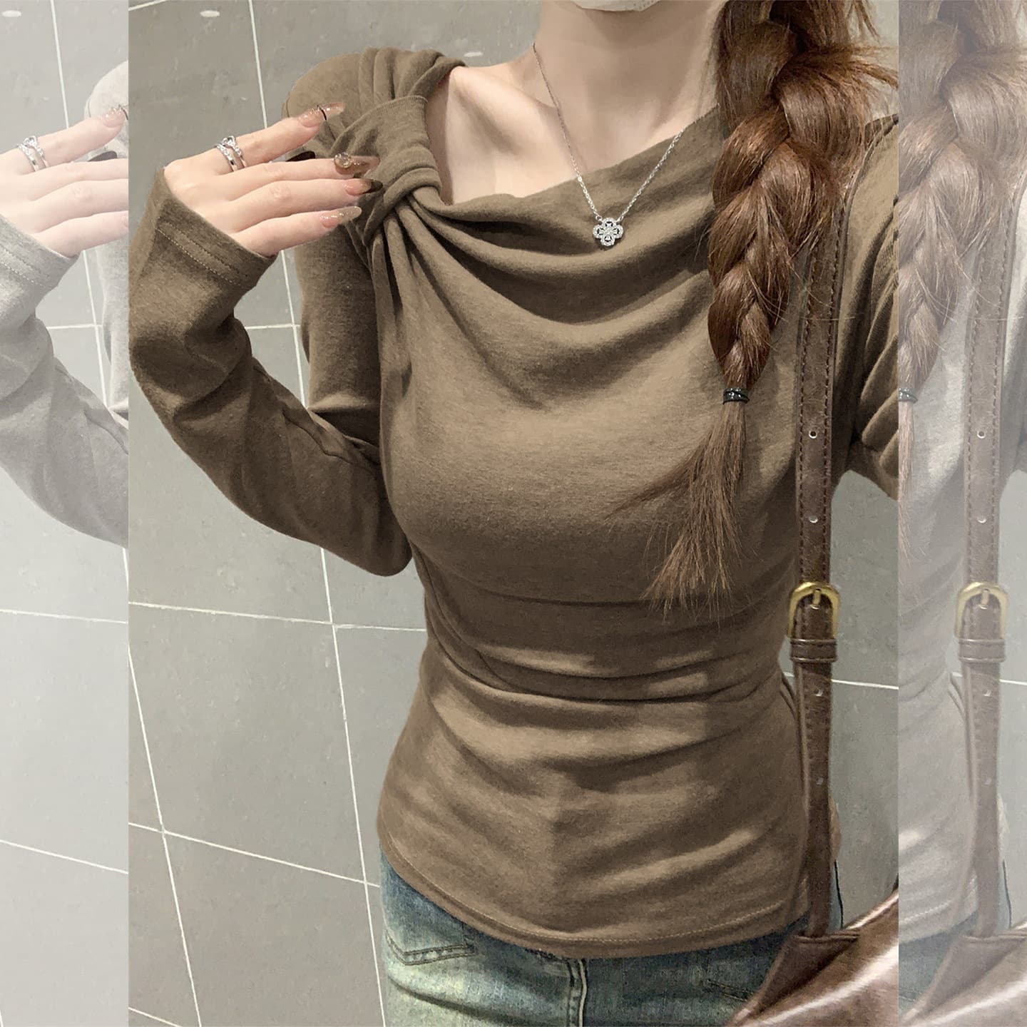 [26 grams of high-quality cashmere] slant collar long-sleeved T-shirt for women in autumn slim design niche inner layering shirt