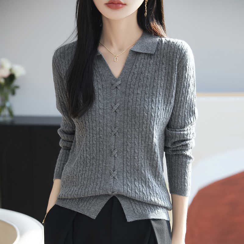 Solid Color Wool Lapel Sweater Women's Spring and Autumn Pullover All-match Shirt Cable Wool Sweater Polo Collar Top