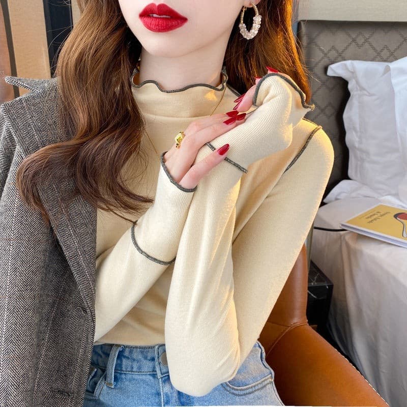 Reversible German Fleece Base Layer Women's 2025 Autumn/Winter Warm Semi-Turtleneck Ruffle Trim Women's Long-Sleeve T-Shirt Top