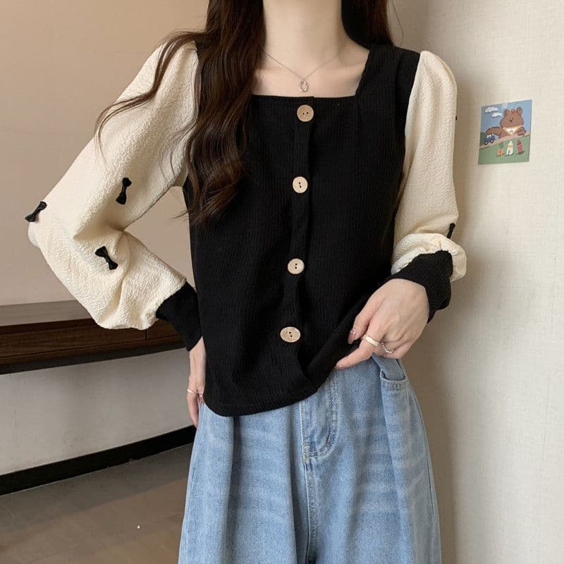 Large size French long-sleeved square collar bottoming shirt for women in spring and autumn, western style fake two-piece bow stitching fat mm slimming top