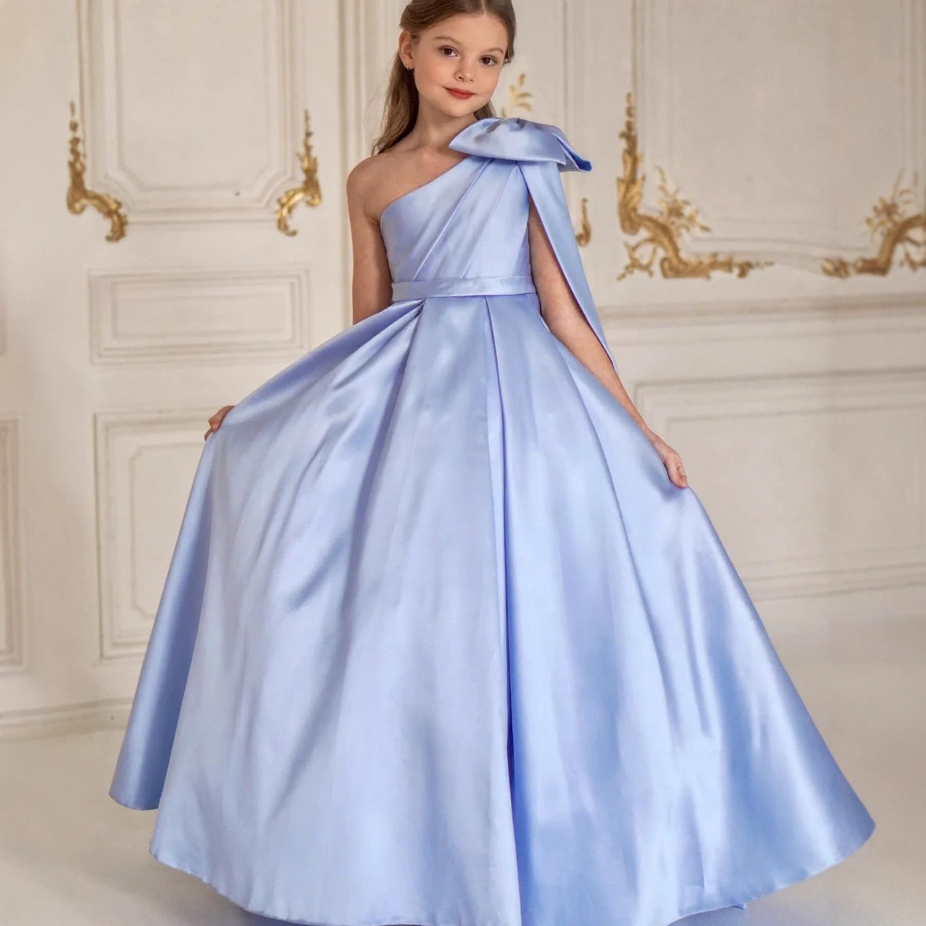Cross-border Children's Prom Dress, New Arrival on AliExpress, Satin One-Shoulder Bow Long Dress, Simple and Stylish