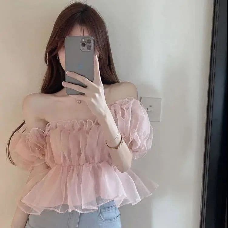 French Sweet One-Shoulder Chiffon Top Bubble Sleeve Slimming Short Style Summer Elegant Outerwear Korean Fashion Origin China