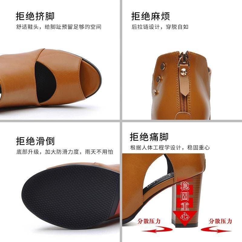 Block Heel High Heel Women's Sandals Deep Mouth Fish Mouth Hollow Leather Shoes Mid Heel Platform Women's Shoes 2019 Summer