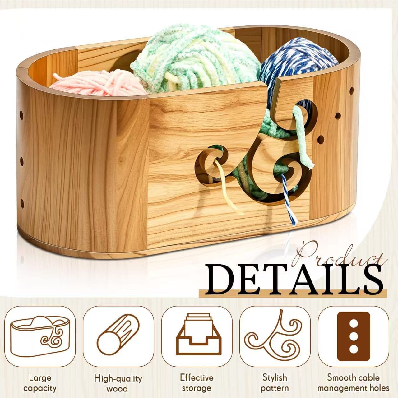Cross-border Wooden Yarn Bowl Oval Knitting Tool Yarn Storage Box Spool Holder Crochet Yarn Bowl