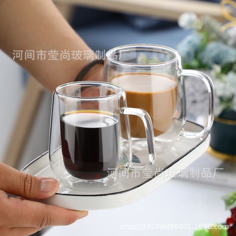 Double-layer mug, heat-resistant transparent coffee cup with handle, insulated glass cup, thickened milk cup, creative office tea cup